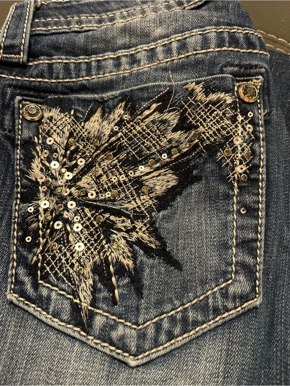 Miss Me Blue Denim Boot Cut Jeans with Silver Sequin Embroidery